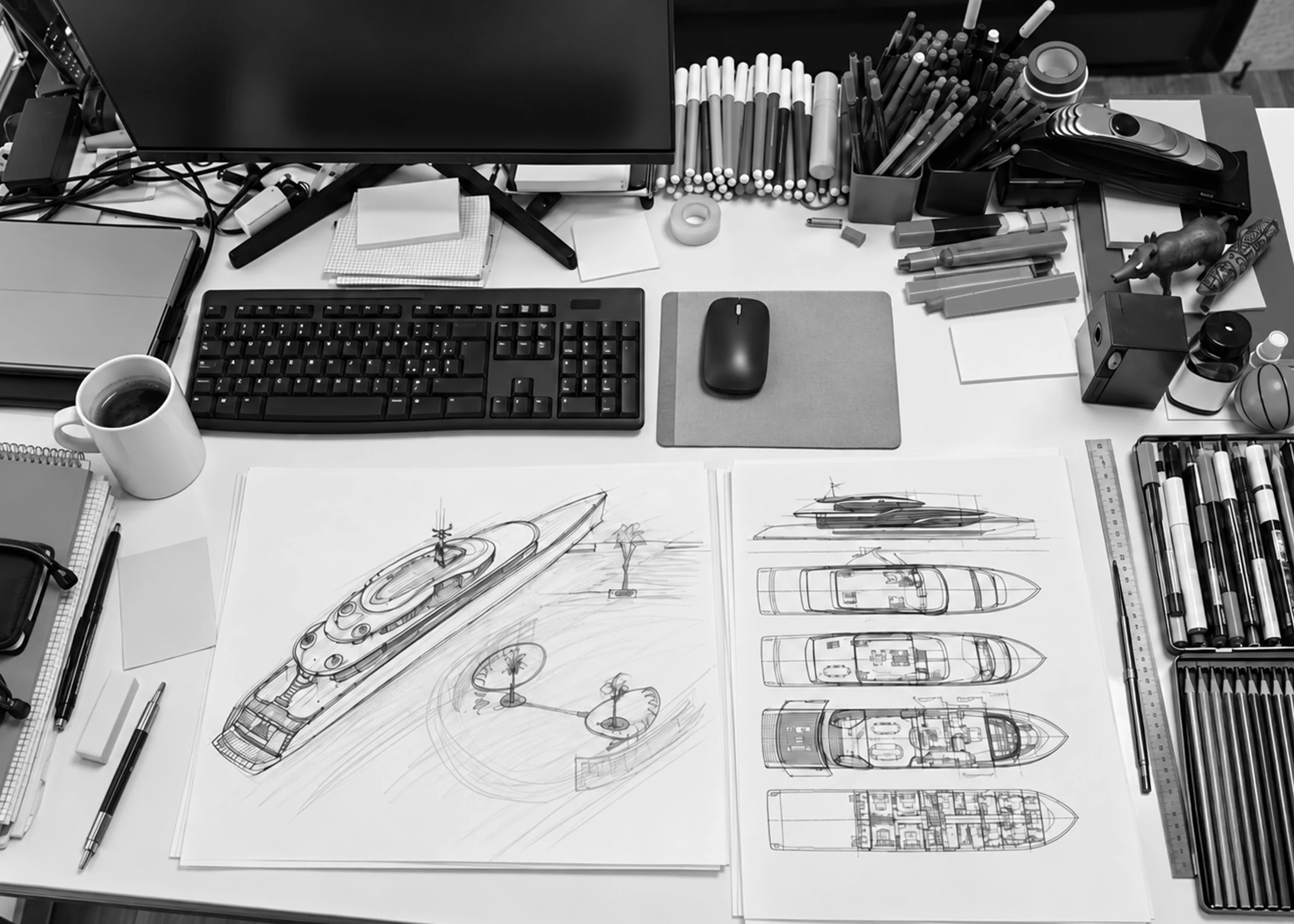 Overhead view of a designer's desk with yacht sketches, pencils and a cup of coffee.